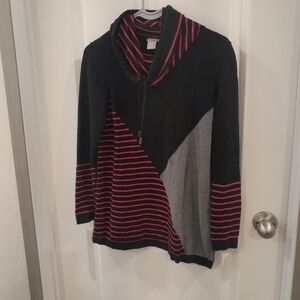 Chico's Black, Gray, and Red Striped Cowl Neck Sweater Size S
